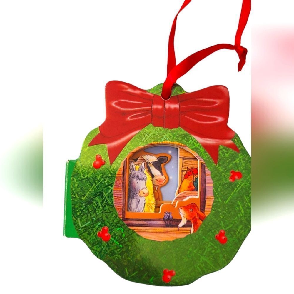 Ornament Board Book Nativity 3D Babies And Toddlers Red Satin Rivbon Hanger 4"
